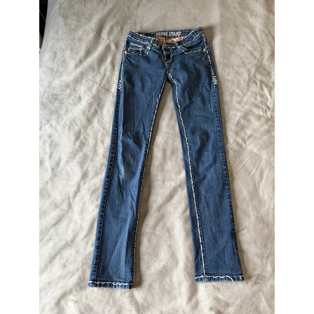 Gazoz Jeans Womens 3/4 Dark Wash Contrast Thick Stitch Low Rise Straight Denim